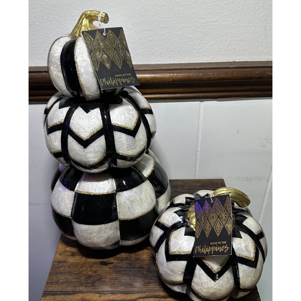 2 Black White Checkered Stacked Pumpkins Gold Stems Halloween Fall Topiary New
